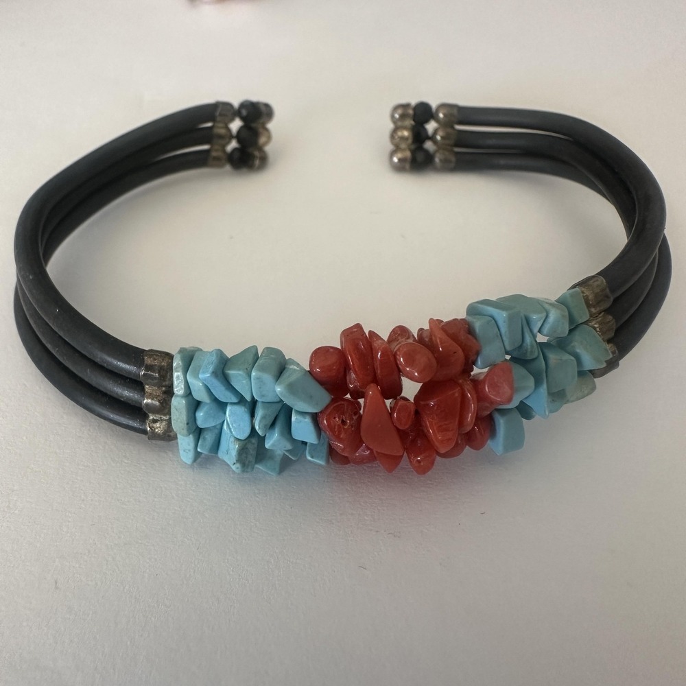 Multicolor Turquoise Chip Beaded Cuff Bracelet Women Black Rubber Boho Statement